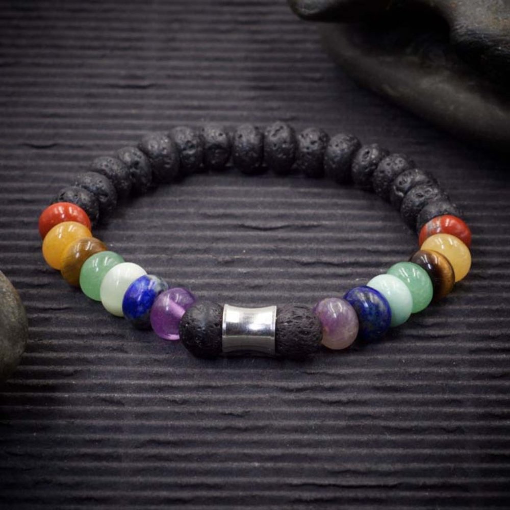 7 Chakra Crystal Lava Rock Rondelle Bracelet  - Handmade to Order